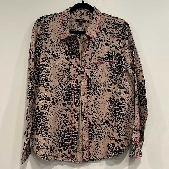 J. Crew animal print leopard button up LINEN/COTTON pajama top long sleeve Large - Picture 1 of 8
